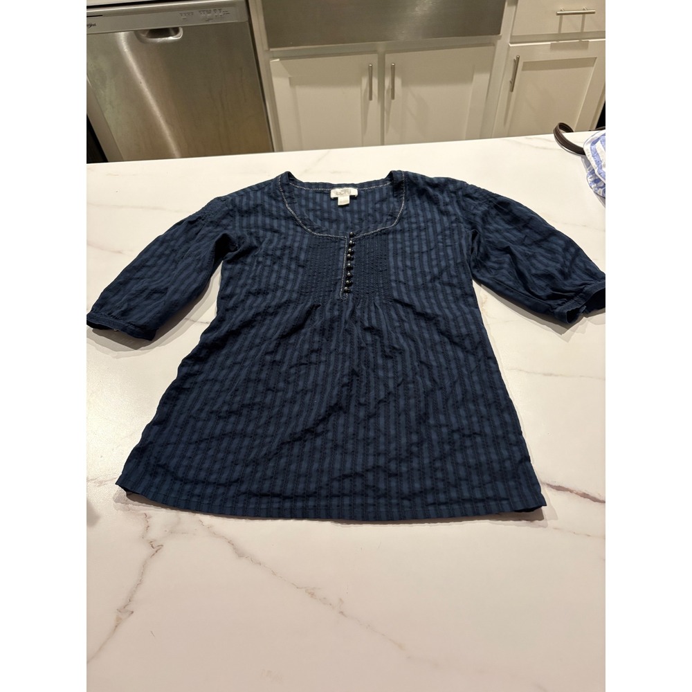Ann Taylor LOFT Navy Blue Cotton Pintuck Tunic 3/4 Sleeve Textured Top Size 2 - Picture 2 of 7